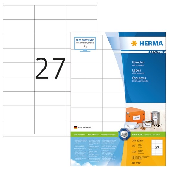 HERMA 4450 Etiketten Premium A4 70x32 Mm Weiß Papier Matt 2700 S | KK ...