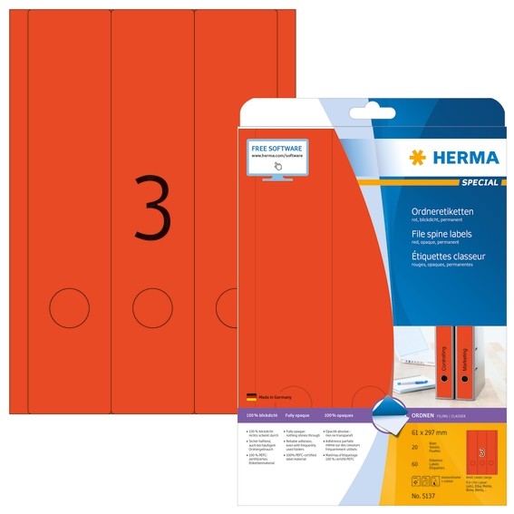 HERMA 5137 Ordneretiketten A4 61x297 mm rot Papier matt blickdic