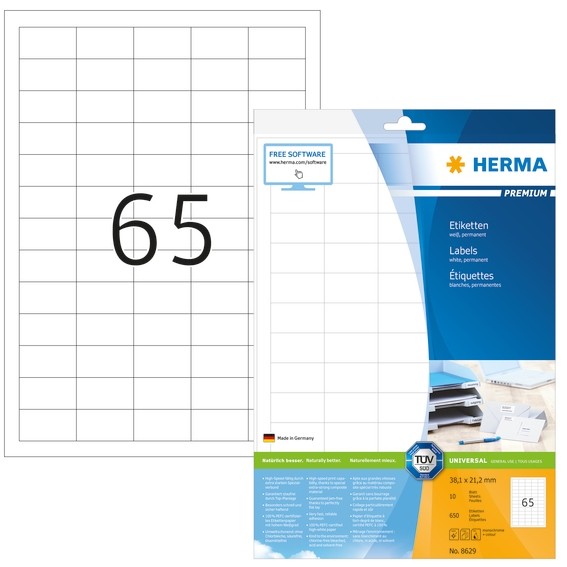 HERMA 8629 Etiketten Premium A4 38,1x21,2 mm weiß Papier matt 65