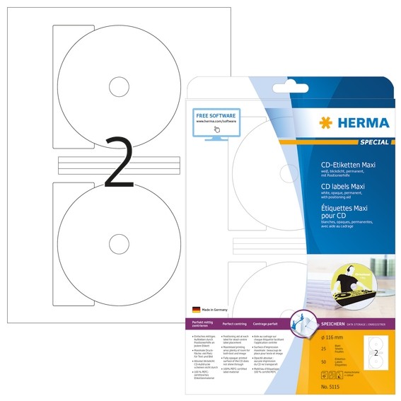 HERMA 5115 CD-Etiketten Maxi A4 Ø 116 mm weiß Papier matt blickd