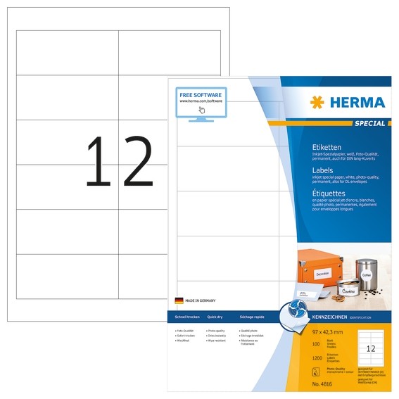 HERMA 4816 Inkjet-Etiketten A4 97x42,3 mm weiß Papier matt 1200