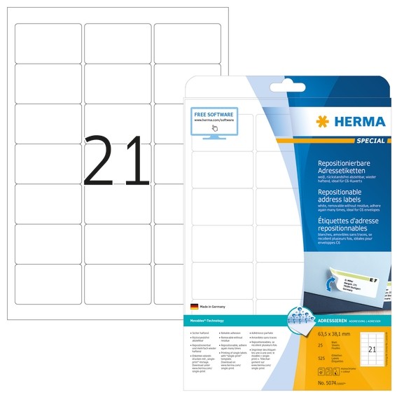 HERMA 5074 Repositionierbare Adressetiketten A4 63,5x38,1 mm wei