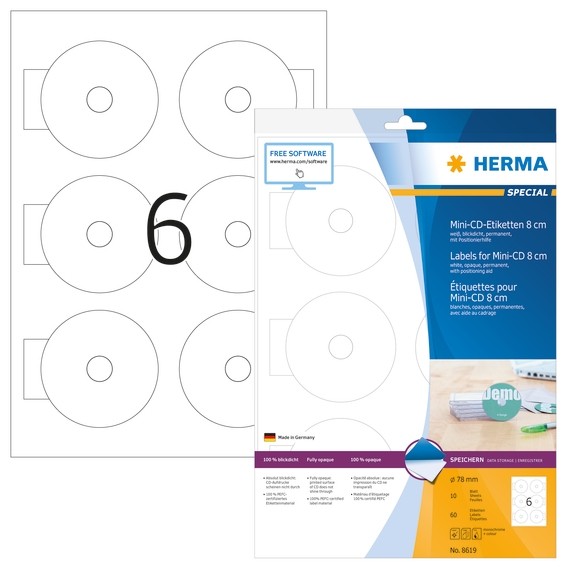 HERMA 8619 CD-Etiketten Mini A4 Ø 78 mm weiß Papier matt blickdi