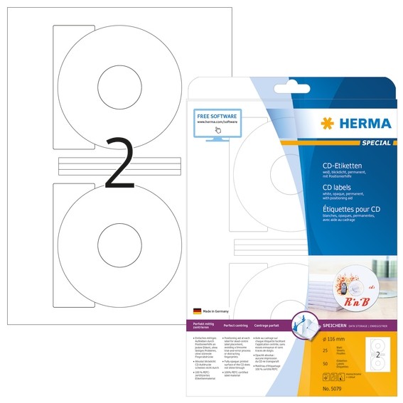 HERMA 5079 CD-Etiketten A4 Ø 116 mm weiß Papier matt blickdicht