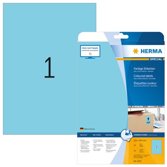 HERMA 4423 Farbige Etiketten A4 210x297 mm blau ablösbar Papier