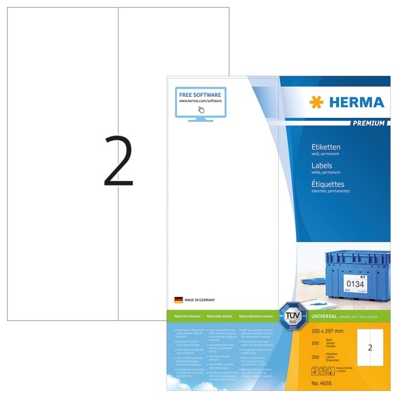 HERMA 4658 Etiketten Premium A4 105x297 mm weiß Papier matt 200