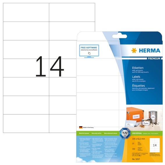 HERMA 5057 Etiketten Premium A4 105x42,3 mm weiß Papier matt 350