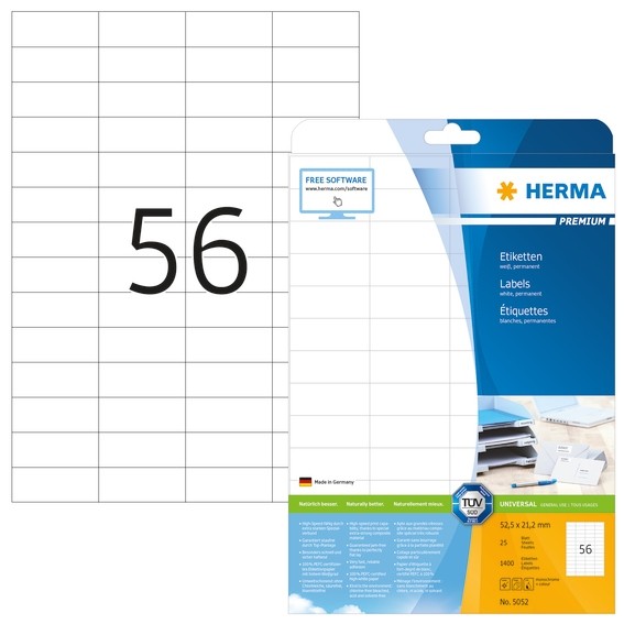 HERMA 5052 Etiketten Premium A4 52,5x21,2 mm weiß Papier matt 14